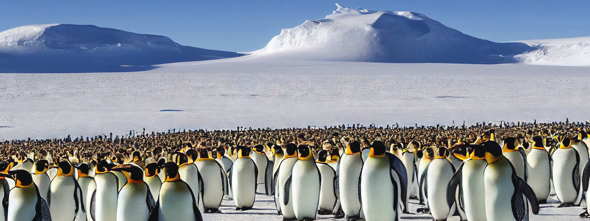 Eine große Herde von Kaiserpinguinen versammelte sich an einem kalten, sonnigen Tag auf einer Eisscholle nahe der Südlichen Orkneyinseln in der Antarktis